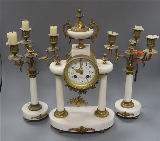 A French gilt metal marble clock garniture height 42cm